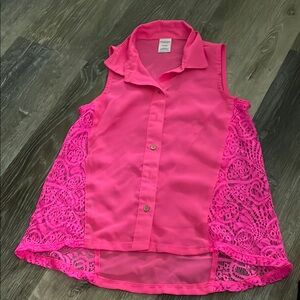 Pink Sleeveless Button-Up Blouse with Lace Sides